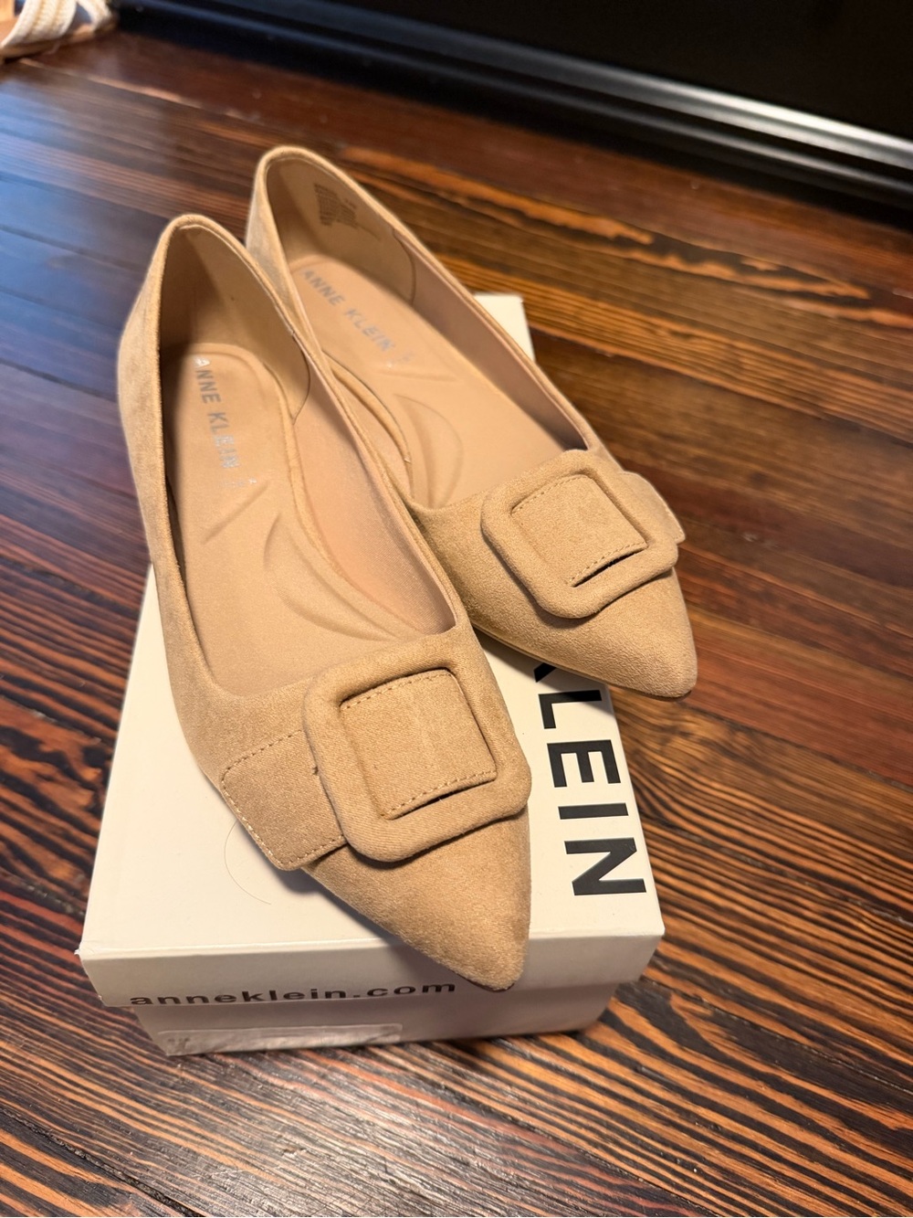 Anne Klein Beige Pointed-Toe Buckle Flats